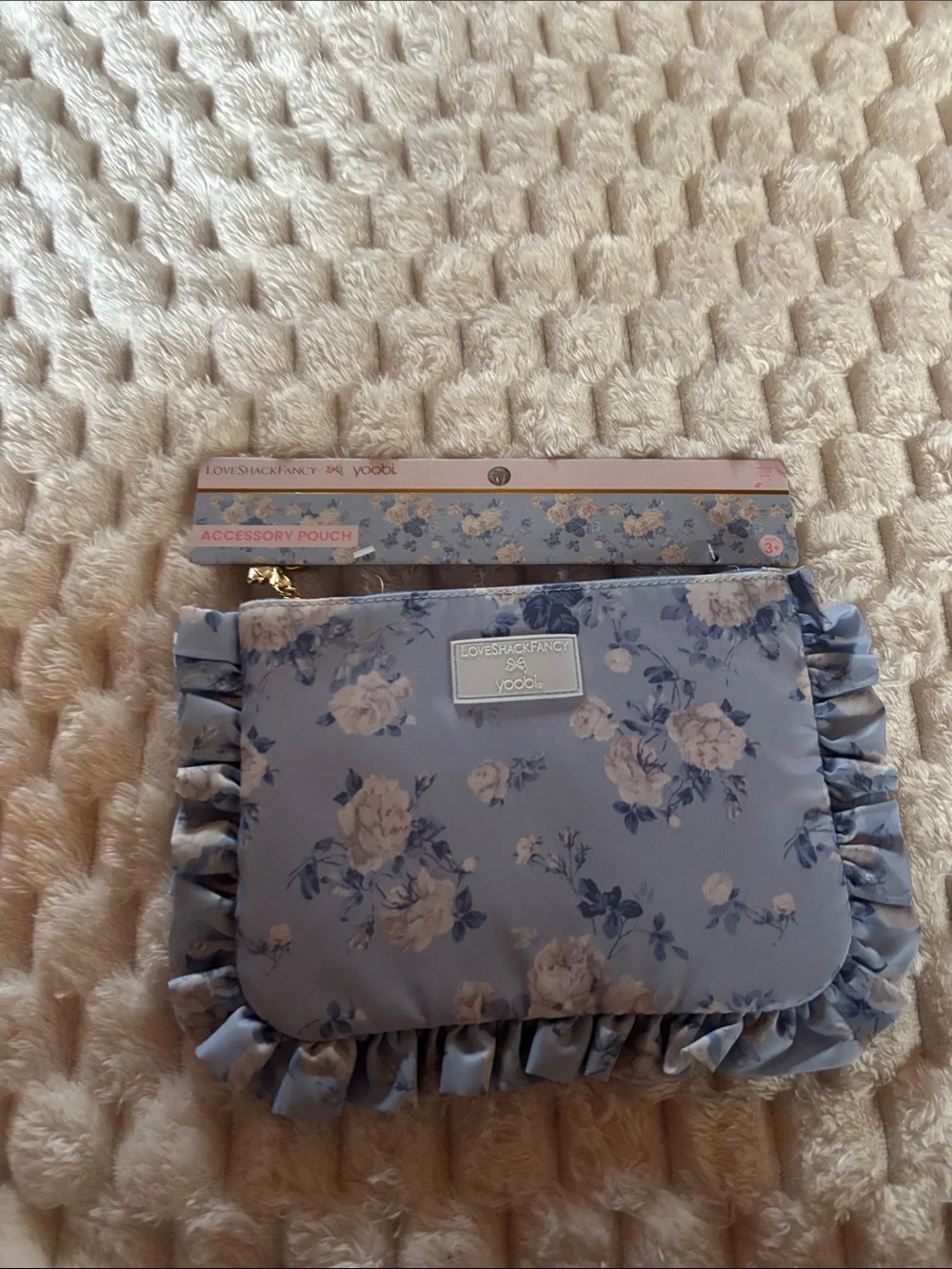 LoveShackFancy. Light Blue Floral Ruffle Accessory Pouch